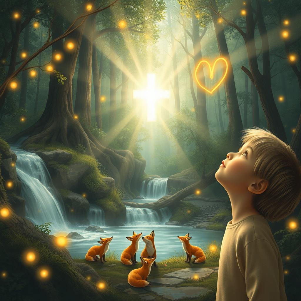A serene and enchanting forest scene where a child’s voice fills the air with a beautiful chorus of praise, including words like 'Hallelujah' and 'Thank You, Lord