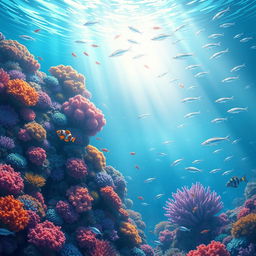 A mesmerizing underwater scene illustrating a vibrant coral reef teeming with colorful tropical fish, softly illuminated by sunlight filtering through the water's surface