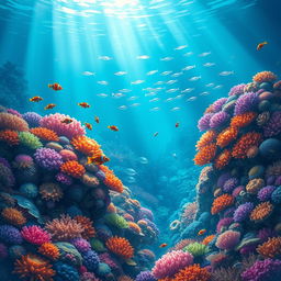 A mesmerizing underwater scene illustrating a vibrant coral reef teeming with colorful tropical fish, softly illuminated by sunlight filtering through the water's surface
