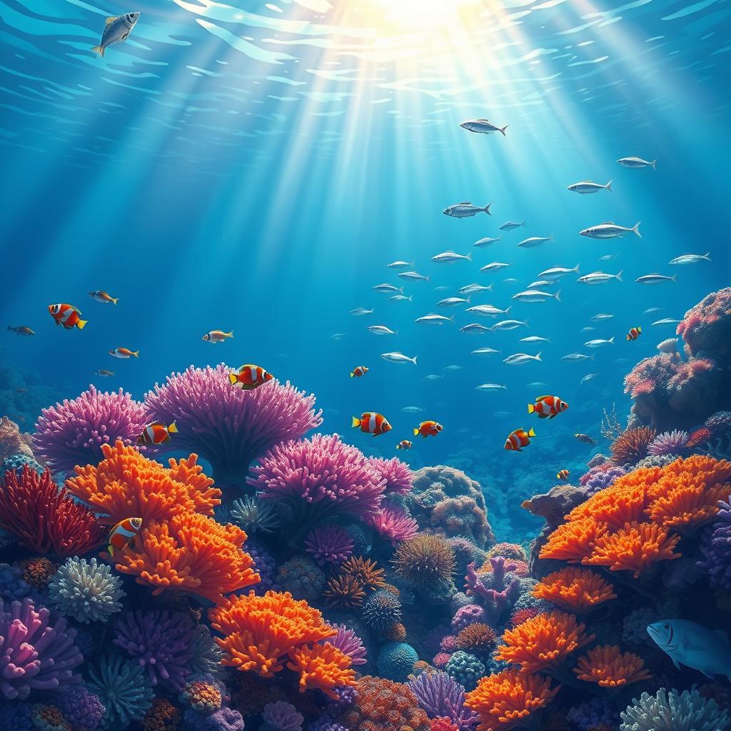 A mesmerizing underwater scene illustrating a vibrant coral reef teeming with colorful tropical fish, softly illuminated by sunlight filtering through the water's surface