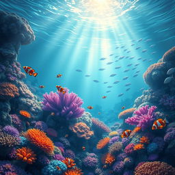 A mesmerizing underwater scene illustrating a vibrant coral reef teeming with colorful tropical fish, softly illuminated by sunlight filtering through the water's surface
