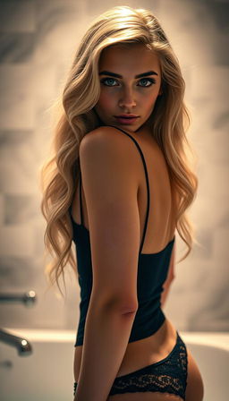 A close-up photo of a stunning blonde model with long wavy hair and striking blue eyes, seen from the back as she looks over her shoulder directly at the camera in a seductive and sensual way