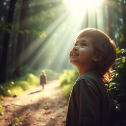 A tranquil forest scene where a child smiles gently, looking upward with a serene expression as they whisper, 'I hope You heard my song, Lord