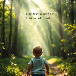 A tranquil forest scene where a child smiles gently, looking upward with a serene expression as they whisper, 'I hope You heard my song, Lord