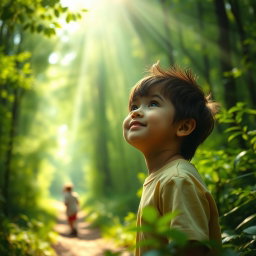 A tranquil forest scene where a child smiles gently, looking upward with a serene expression as they whisper, 'I hope You heard my song, Lord
