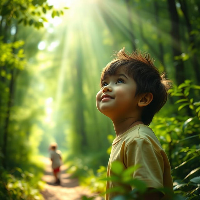 A tranquil forest scene where a child smiles gently, looking upward with a serene expression as they whisper, 'I hope You heard my song, Lord