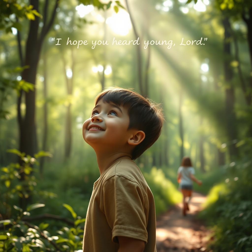 A tranquil forest scene where a child smiles gently, looking upward with a serene expression as they whisper, 'I hope You heard my song, Lord