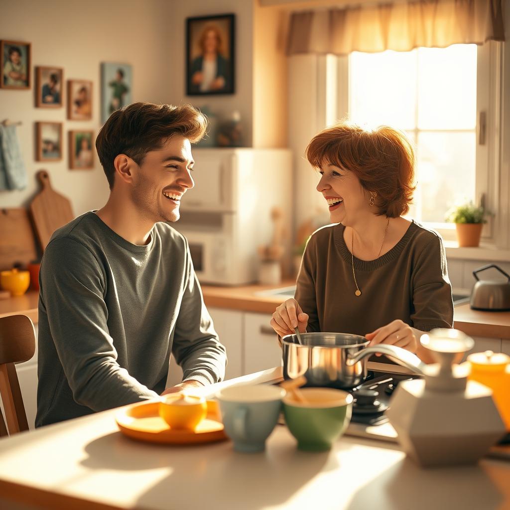 A warm and heartfelt scene depicting a young man sitting at a cozy kitchen table, engaged in a lively conversation with his mother