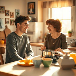 A warm and heartfelt scene depicting a young man sitting at a cozy kitchen table, engaged in a lively conversation with his mother