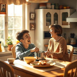 A warm and heartfelt scene depicting a young man sitting at a cozy kitchen table, engaged in a lively conversation with his mother