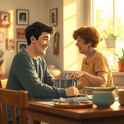 A warm and heartfelt scene depicting a young man sitting at a cozy kitchen table, engaged in a lively conversation with his mother