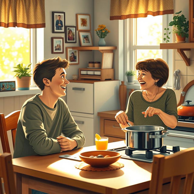 A warm and heartfelt scene depicting a young man sitting at a cozy kitchen table, engaged in a lively conversation with his mother