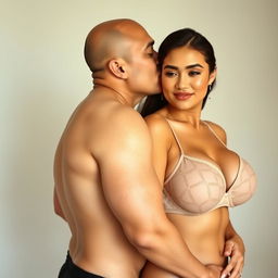 A 39-year-old Indonesian man with pure white skin is hugging a beautiful 28-year-old woman from behind in a standing position, showcasing a strong, sexy body