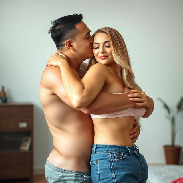 A 39-year-old Indonesian man with pure white skin is hugging a beautiful 28-year-old woman from behind in a standing position, showcasing a strong, sexy body