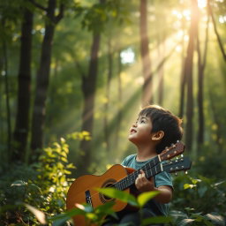 A tranquil forest scene where a child, smiling softly, looks upward and whispers, 'I hope You heard my song, Lord