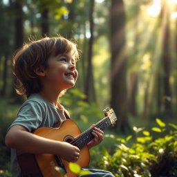 A tranquil forest scene where a child, smiling softly, looks upward and whispers, 'I hope You heard my song, Lord
