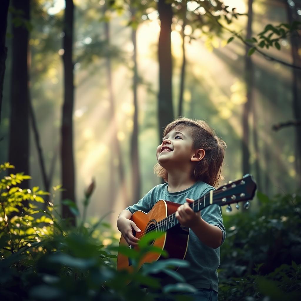 A tranquil forest scene where a child, smiling softly, looks upward and whispers, 'I hope You heard my song, Lord