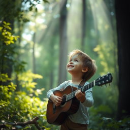 A tranquil forest scene where a child, smiling softly, looks upward and whispers, 'I hope You heard my song, Lord