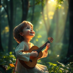 A magical and serene forest scene where an animated child, with a radiant smile, looks upward and softly whispers, 'I hope You heard my song, Lord