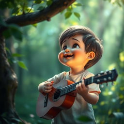 A magical and serene forest scene where an animated child, with a radiant smile, looks upward and softly whispers, 'I hope You heard my song, Lord