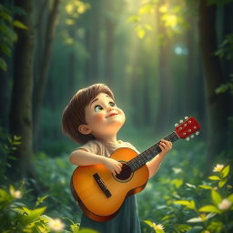 A magical and serene forest scene where an animated child, with a radiant smile, looks upward and softly whispers, 'I hope You heard my song, Lord
