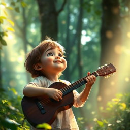A magical and serene forest scene where an animated child, with a radiant smile, looks upward and softly whispers, 'I hope You heard my song, Lord