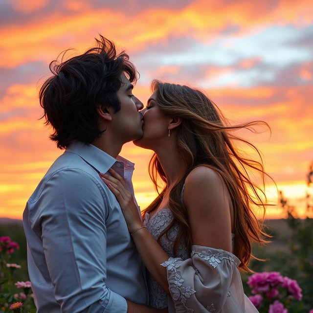 A romantic scene of a couple sharing a passionate kiss in a beautiful outdoor setting during sunset