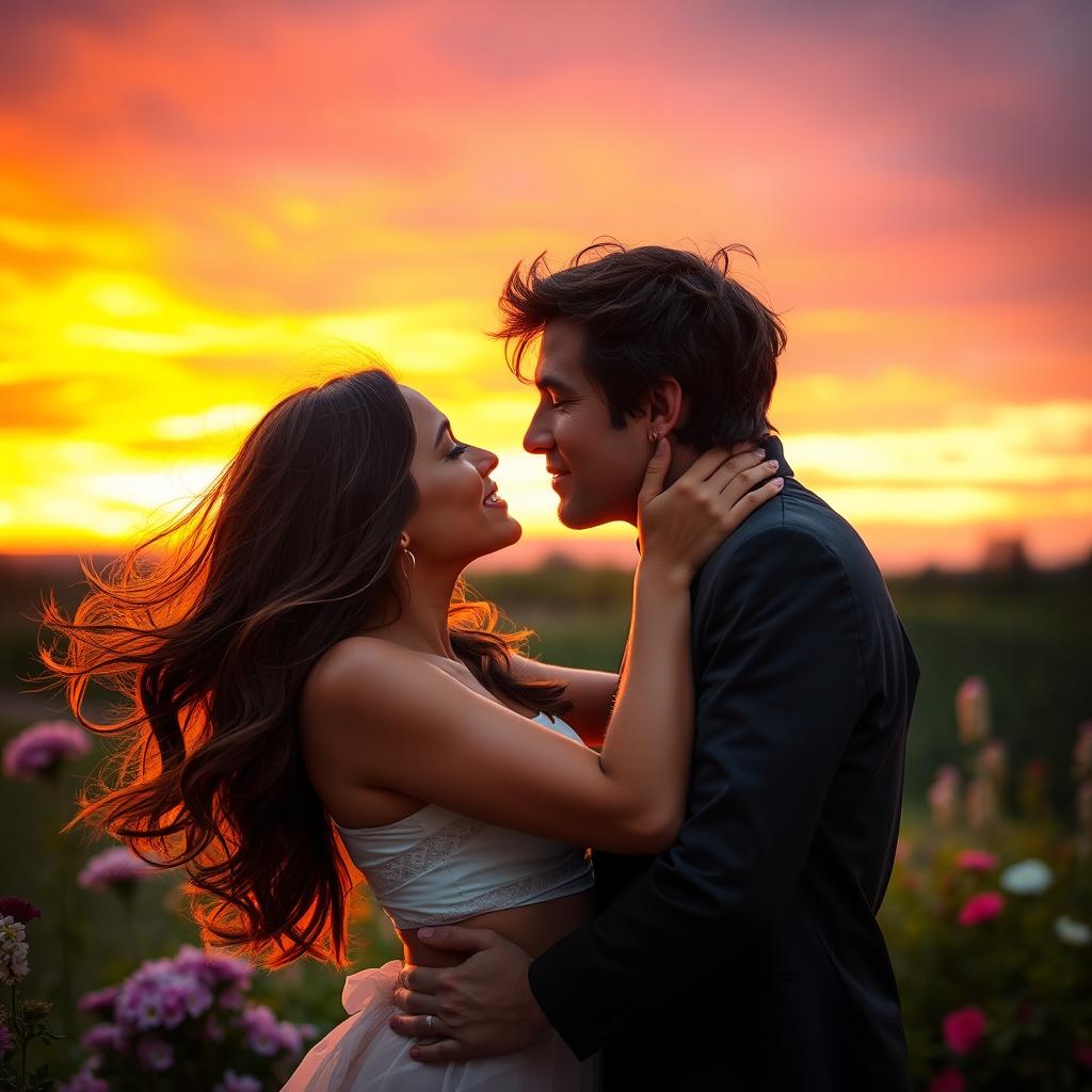 A romantic scene of a couple sharing a passionate kiss in a beautiful outdoor setting during sunset