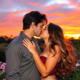 A romantic scene of a couple sharing a passionate kiss in a beautiful outdoor setting during sunset