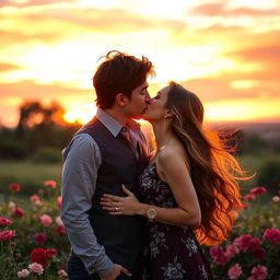 A romantic scene of a couple sharing a passionate kiss in a beautiful outdoor setting during sunset