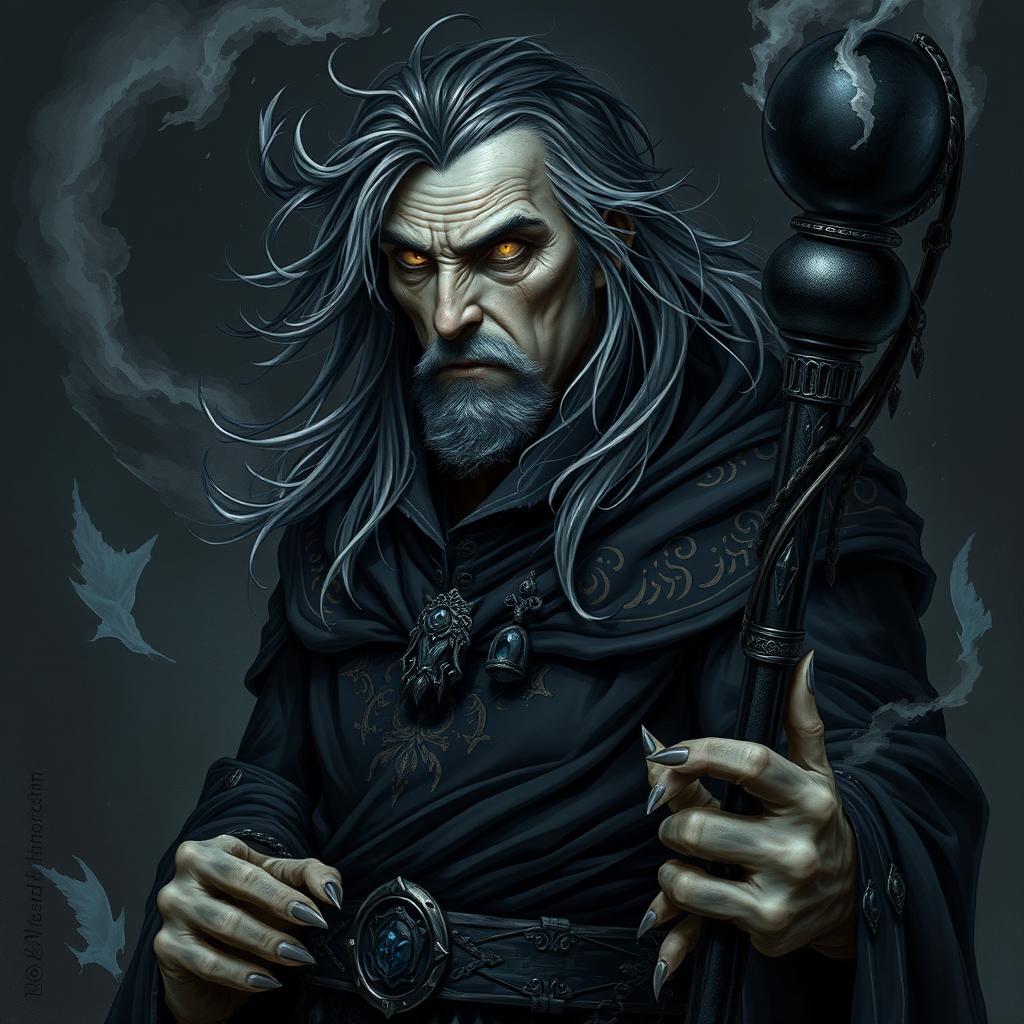 A detailed portrait of a dark sorcerer named Madrick