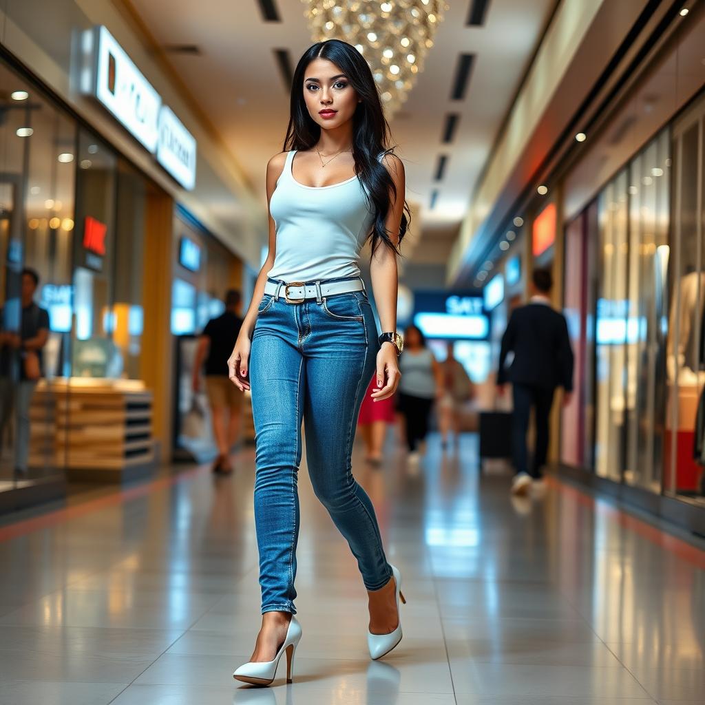A full length photograph of a sexy, stunning, and beautiful 18-year-old girl with pale skin and glossy black hair