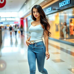 A full length photograph of a sexy, stunning, and beautiful 18-year-old girl with pale skin and shiny black hair