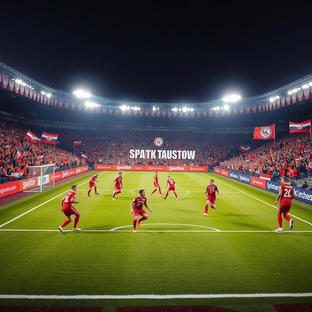 A dynamic scene representing the essence of Spartak Moscow, featuring the iconic red and white team colors