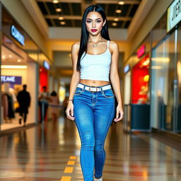 A full length photograph of a sexy, stunning, and beautiful 18-year-old girl with pale skin and sleek black hair