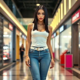 A full length photograph of a sexy, stunning, and beautiful 18-year-old girl with pale skin and sleek black hair