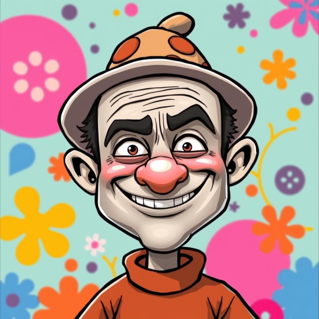 A cartoonish representation of a humorous character with exaggerated features, including a large head and a playful expression