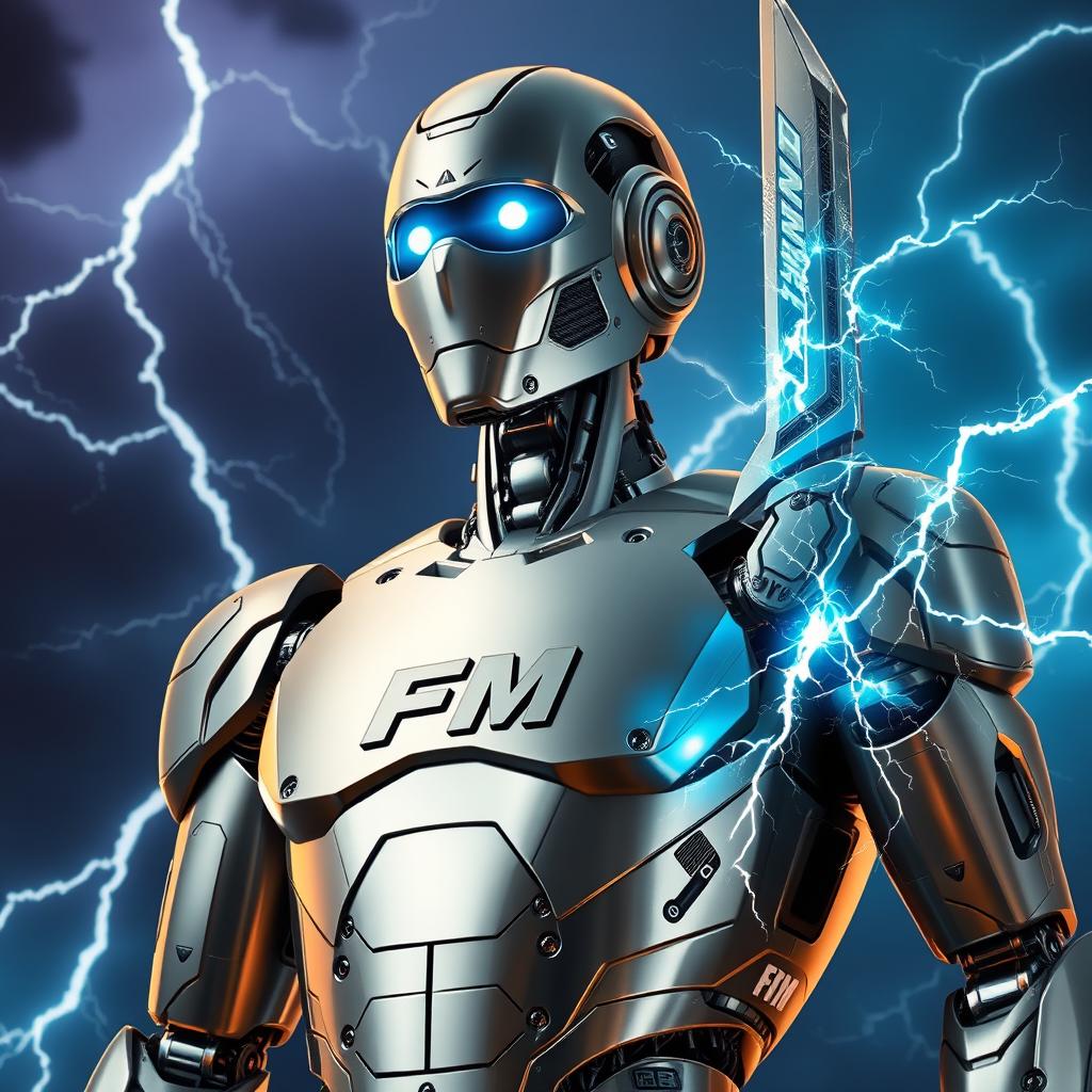 A futuristic robotic man standing triumphantly with a vivid lightning storm in the background