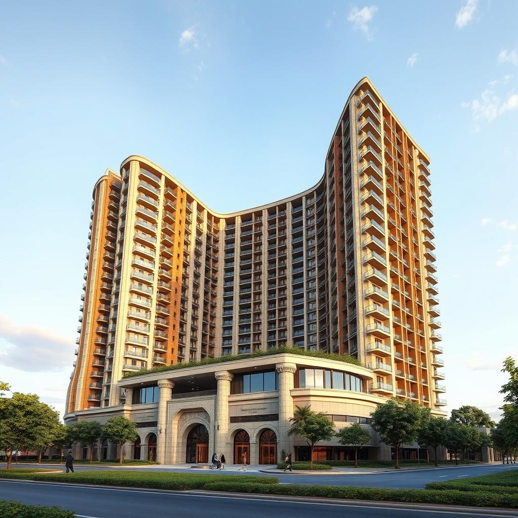 A 20-story residential tower with a dynamic form inspired by Chogha Zanbil, soaring toward the sky