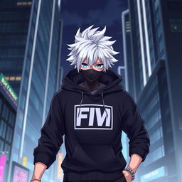 An anime boy with striking white hair wearing a stylish black hoodie featuring a prominent FM logo on his chest