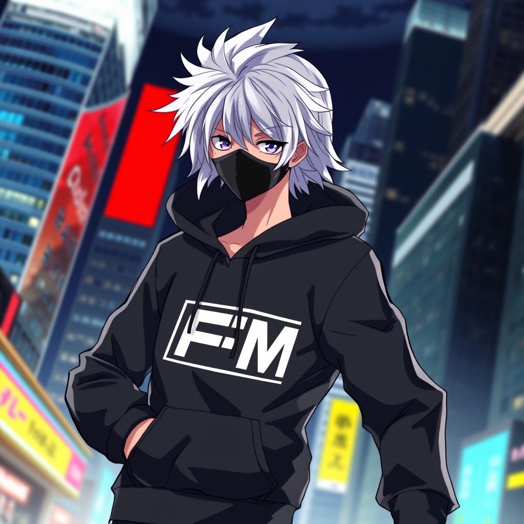 An anime boy with striking white hair wearing a stylish black hoodie featuring a prominent FM logo on his chest