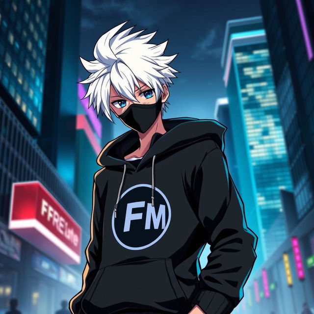 An anime boy with striking white hair wearing a stylish black hoodie featuring a prominent FM logo on his chest