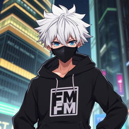 An anime boy with striking white hair wearing a stylish black hoodie featuring a prominent FM logo on his chest
