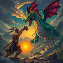 An epic scene depicting the legendary battle between Bima and the dragon Taksaka from Javanese mythology