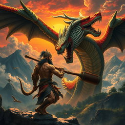 An epic scene depicting the legendary battle between Bima and the dragon Taksaka from Javanese mythology