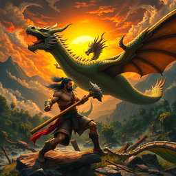 An epic scene depicting the legendary battle between Bima and the dragon Taksaka from Javanese mythology