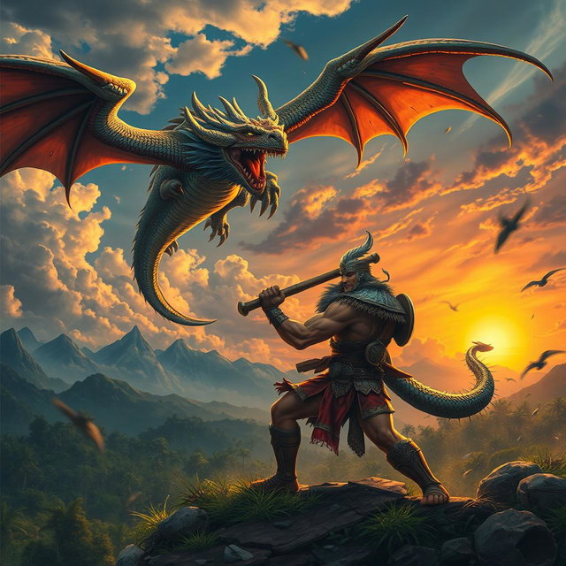 An epic scene depicting the legendary battle between Bima and the dragon Taksaka from Javanese mythology