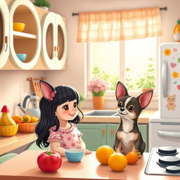 A cozy kitchen scene featuring a little girl and a Chihuahua together