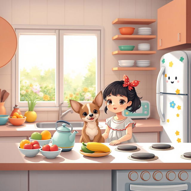 A cozy kitchen scene featuring a little girl and a Chihuahua together