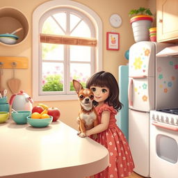 A cozy kitchen scene featuring a little girl and a Chihuahua together